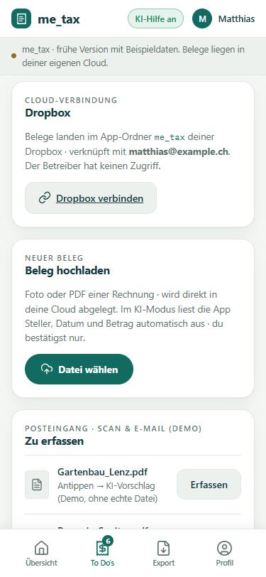 me_tax Beleg hochladen mit KI-Erkennung