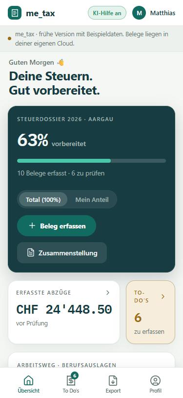 me_tax Übersicht mit Dossier-Fortschritt und Abzügen